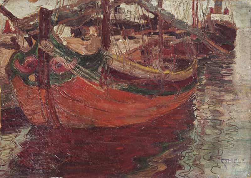 Tableau Egon Schiele - Voiliers Dans Les Vagues (Trieste) - Toile Sur Châssis Bois